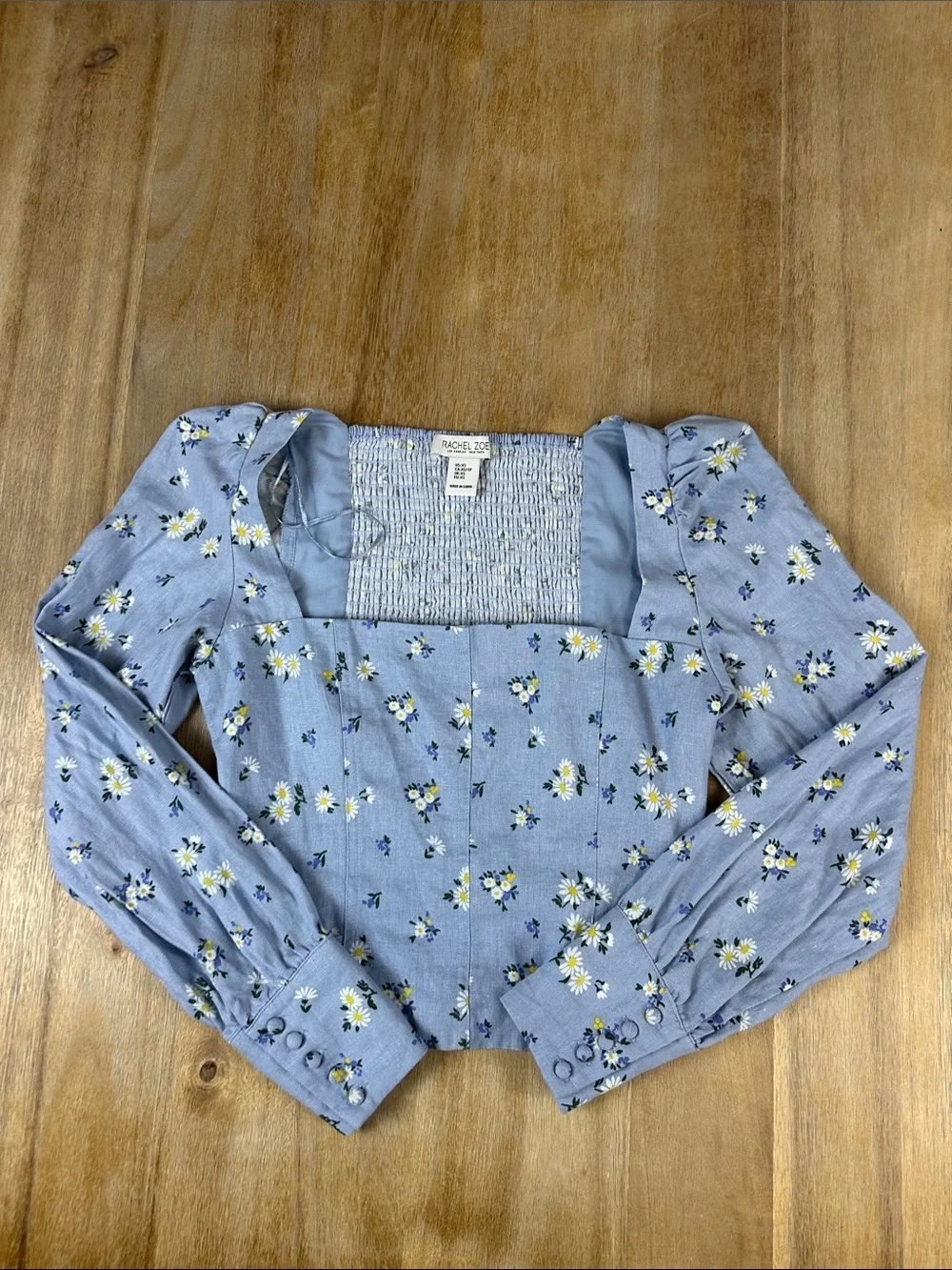 Rachel Zoe Linen Blend Ditsy Daisy Square Neck Puff Sleeve Crop Top